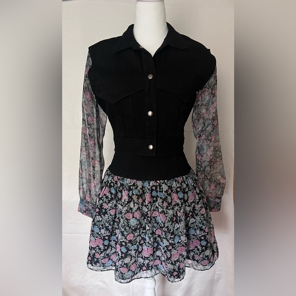 - Paris Blues Vintage Black Jean Jacket Sheer Flower Print Sleeves - Size … - Picture 7 of 11